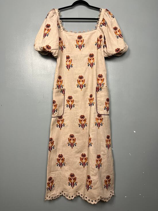 FARM Rio Dresses & Skirts - Farm Rio Rose Embroidered Macaw Maxi Dress Puff Sleeve Linen Women's Size S